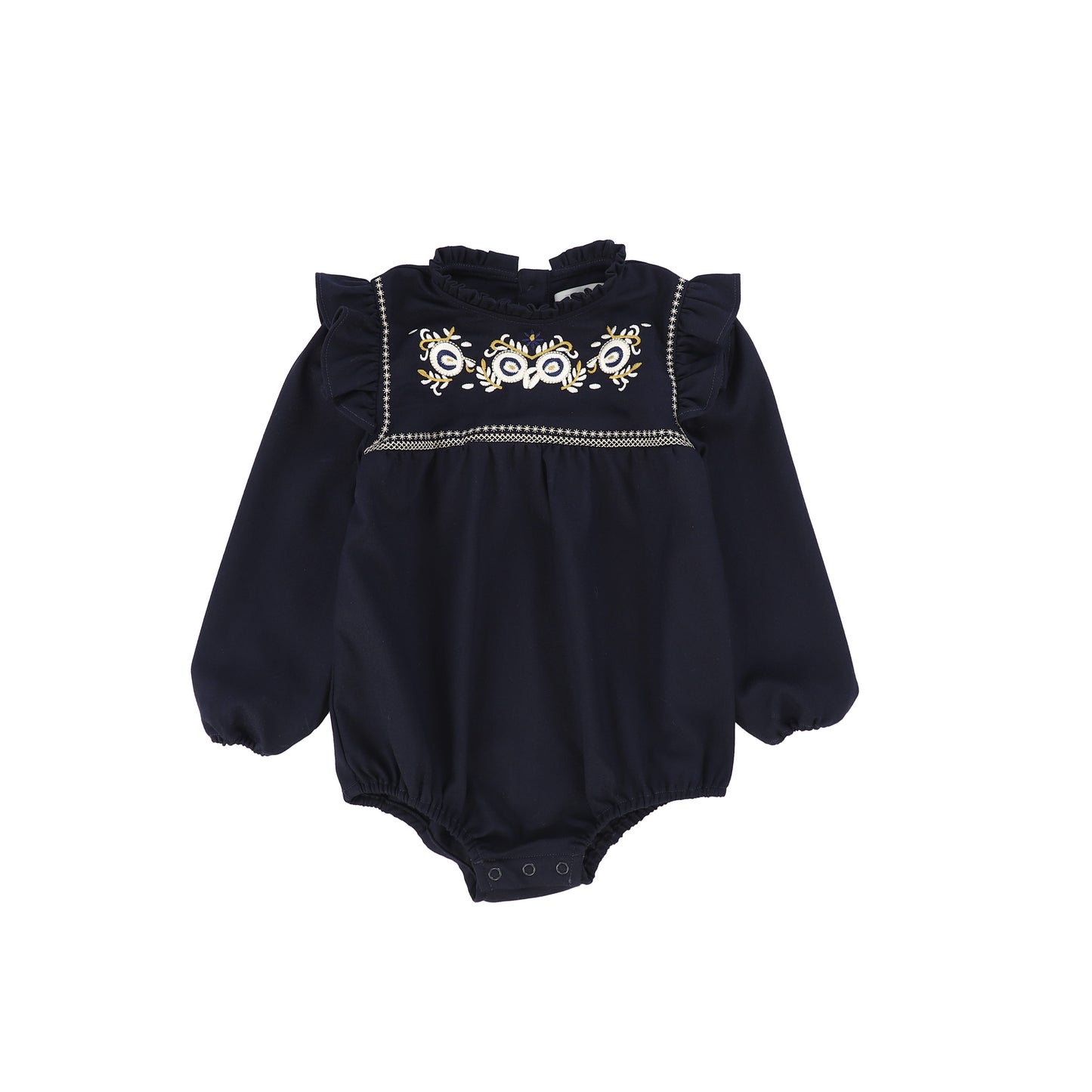 Bace Collection Navy Embroidery Ruffle Shoulder Romper [FINAL SALE]