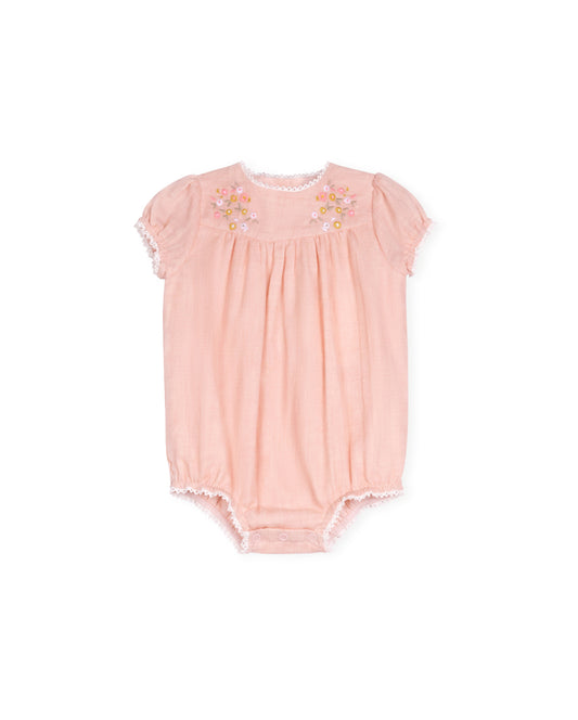 LILOU PINK EMBROIDERED FLORAL BABYDOLL LINEN ROMPER
