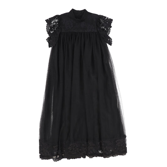 LILOU BLACK LACE TRIM TULLE MAXI DRESS