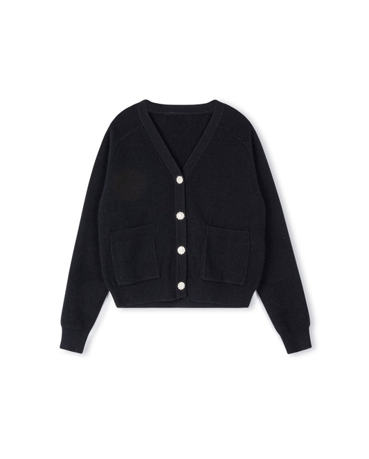 LILOU BLACK RHINESTONE RIBBED KNIT CARDIGAN [FINAL SALE]