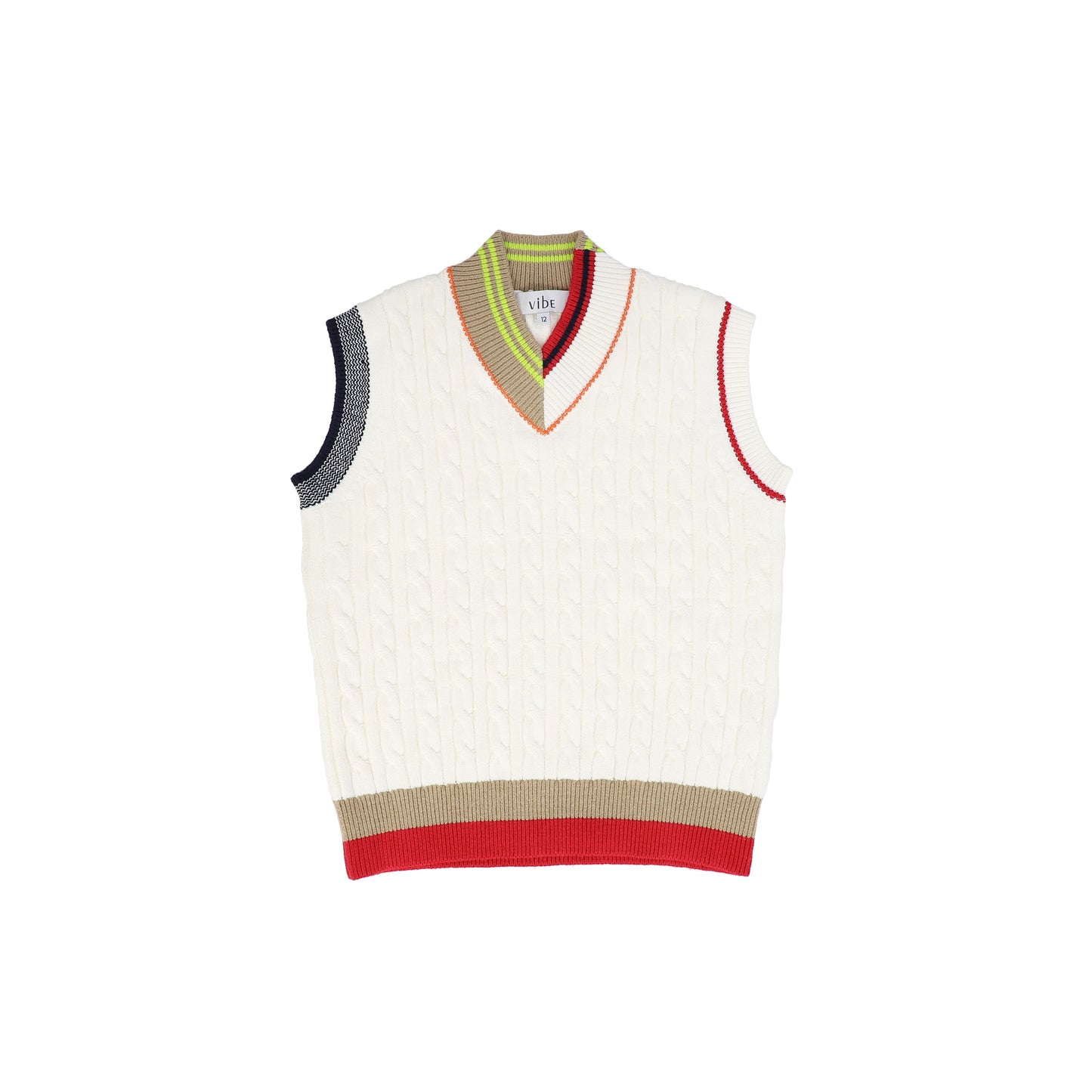 VIBE IVORY STRIPED TRIMMING CABLE KNIT VEST [FINAL SALE]