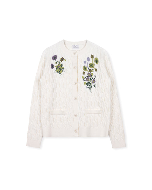 LILOU IVORY EMBROIDERED FLORAL CABLE KNIT CARDIGAN