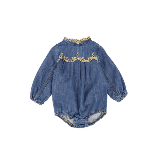 PHIL AND PHOEBE DENIM EMBROIDERED EYELET ROMPER [FINAL SALE]