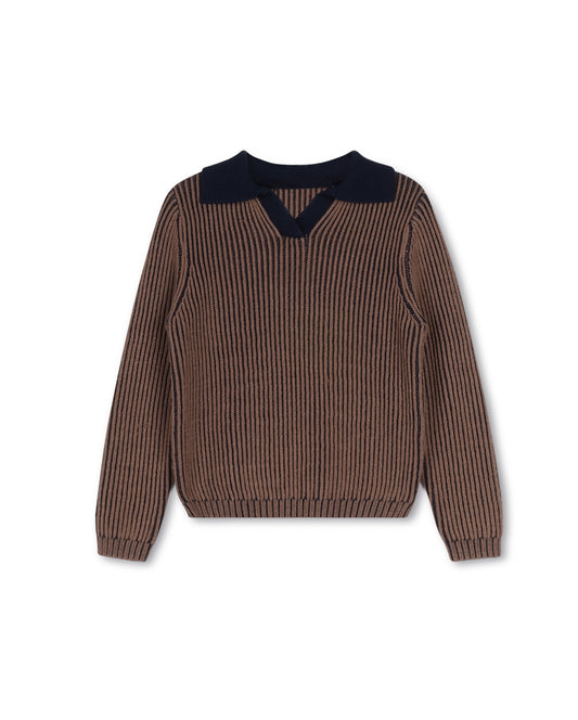 ONE CHILD BROWN STRIPE V COLLAR KNIT SWEATER [FINAL SALE]