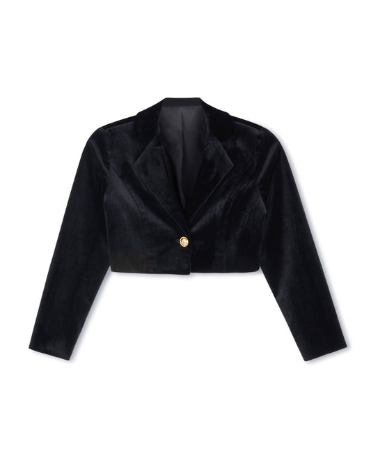 ONE CHILD BLACK VELOUR CROPPED BUTTON BLAZER