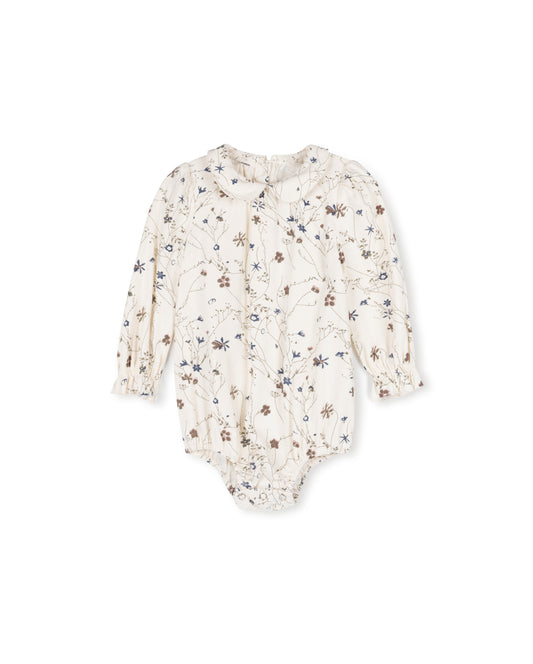 ONE CHILD CREAM/BROWN FLORAL PETER PAN COLLAR ROMPER