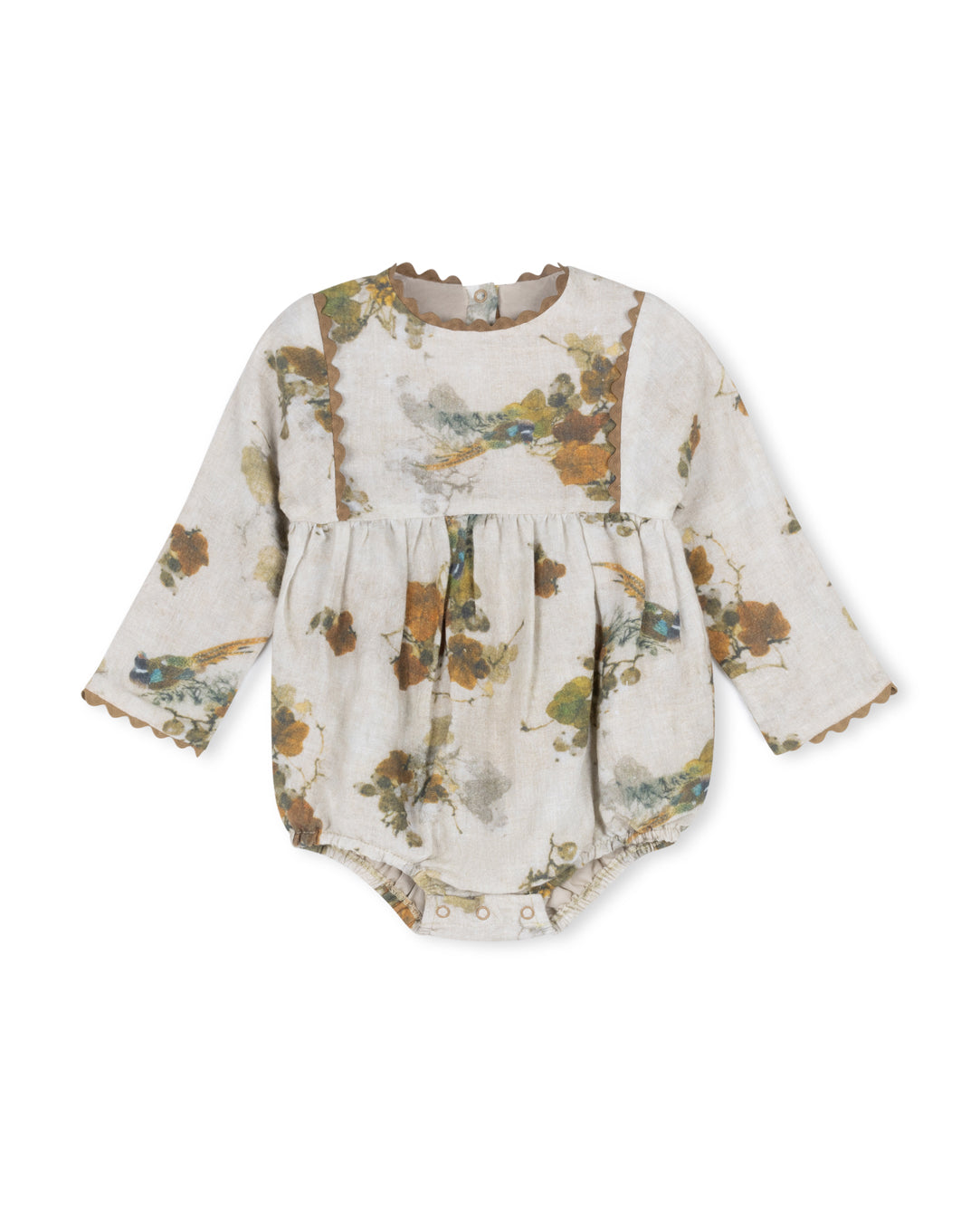 ONE CHILD BROWN/GREEN FLORAL LINEN SCALLOP TRIM ROMPER [FINAL SALE]