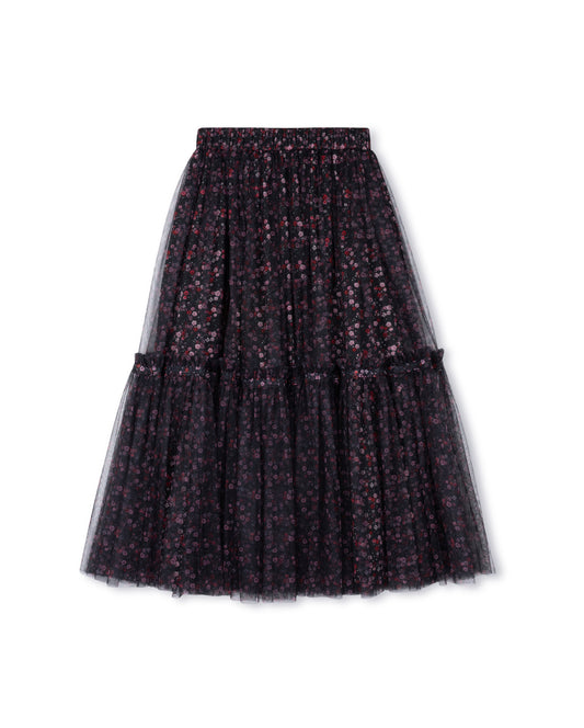 LILOU BLACK/PINK TINY FLORAL TULLE MIDI SKIRT