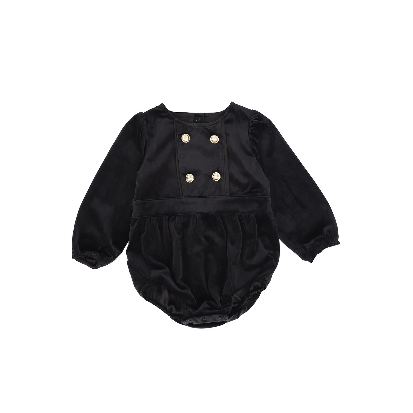 ONE CHILD BLACK VELOUR WAISTED BUTTON ROMPER