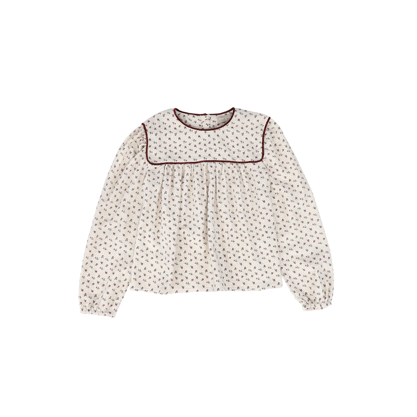 ONE CHILD CREAM/BURGUNDY FLORAL PIPED TRIM TOP [FINAL SALE]