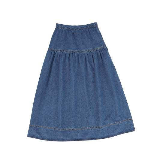 BAMBOO MID BLUE DENIM WAISTED MAXI SKIRT