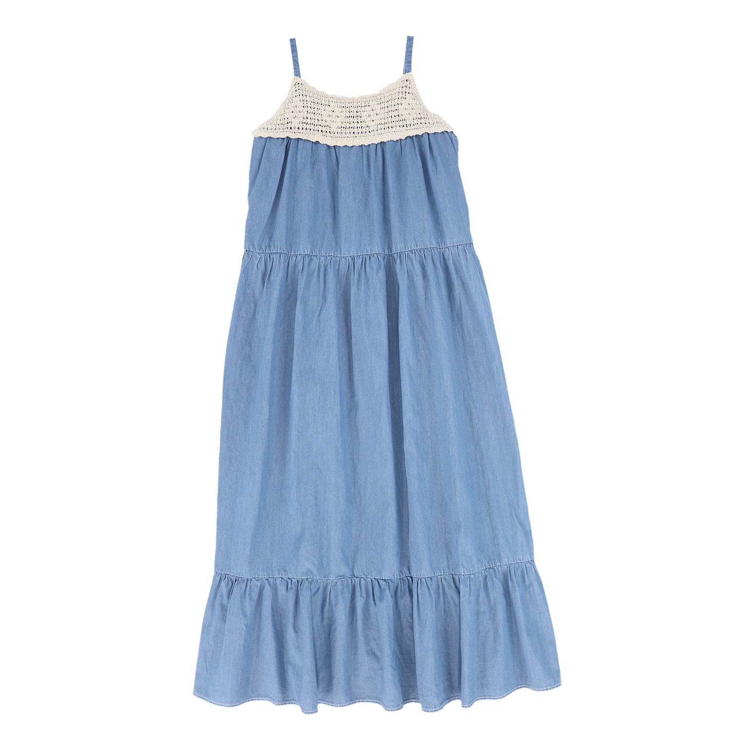 BAMBOO BLUE DENIM CROCHET TIERED MAXI DRESS