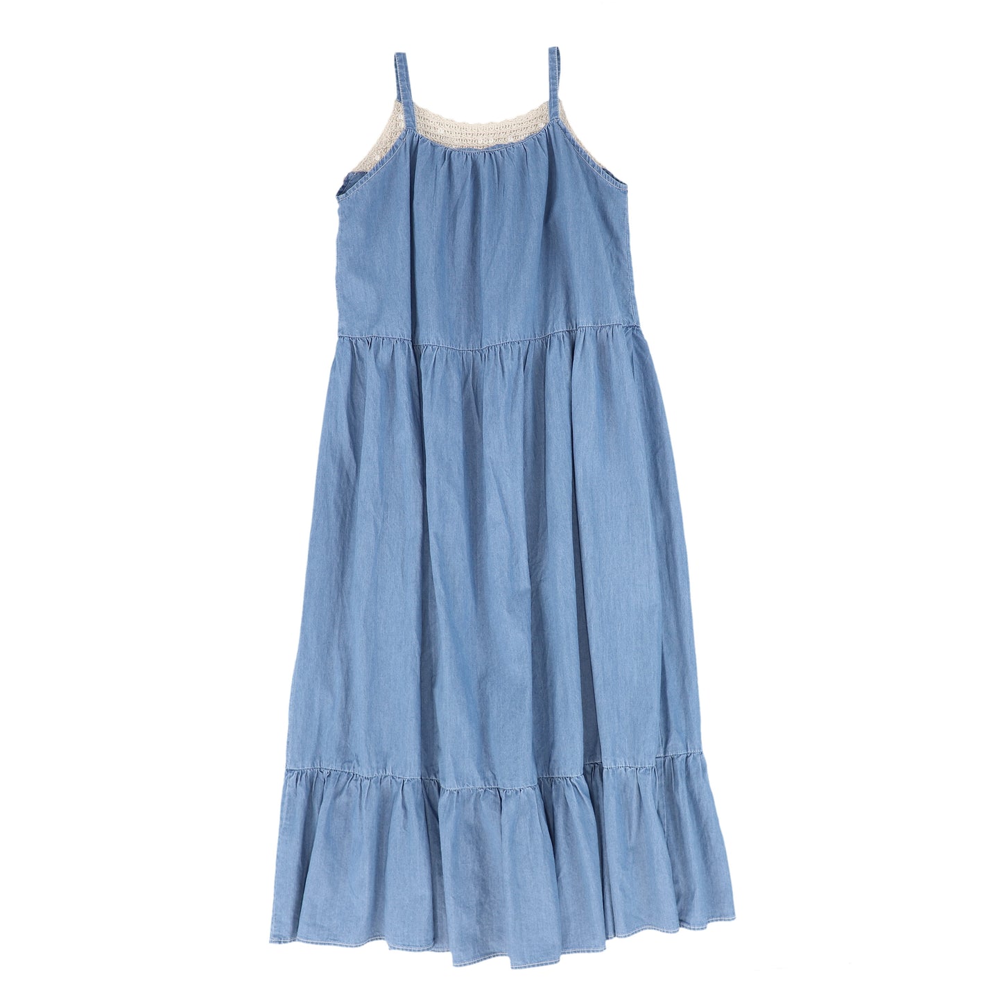 BAMBOO BLUE DENIM CROCHET TIERED MAXI DRESS