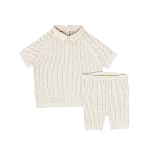 LE BOURDON TAN CABLE KNIT SHORTS SET