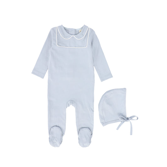 BEBE JOLEE BLUE PIPED BIB COLLAR FOOTIE