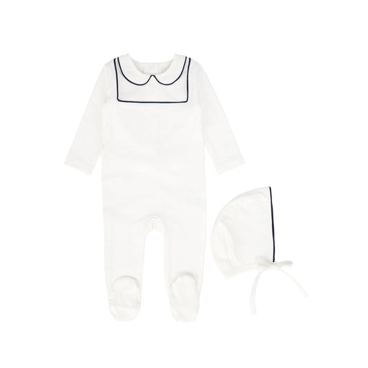 BEBE JOLEE WHITE/BLUE PIPED BIB COLLAR FOOTIE