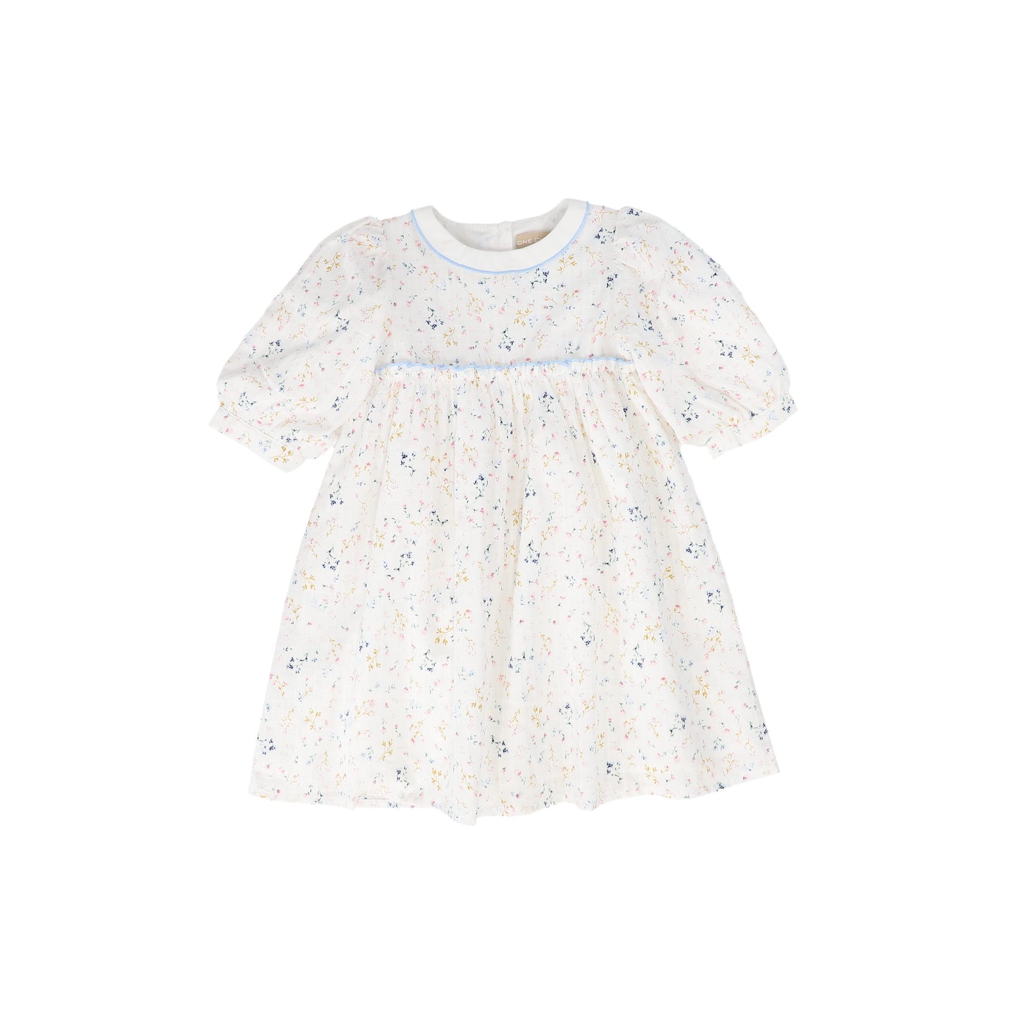 ONE CHILD WHITE/BLUE FLORAL PUFF SLEEVE DRESS