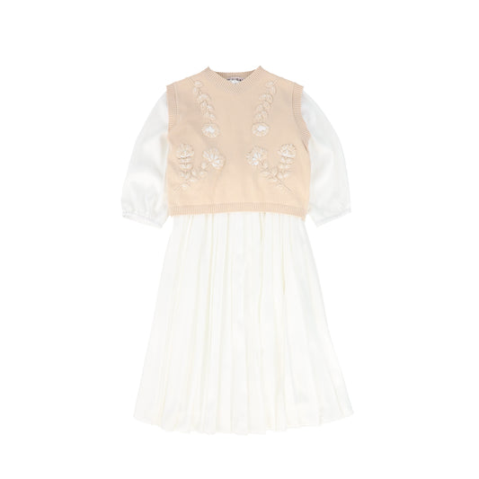 MINIMAL TAN EMBROIDERED VEST WITH PLEATED DRESS