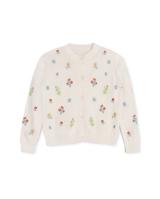 ONE CHILD WHITE FLORAL BLOOM KNIT CARDIGAN