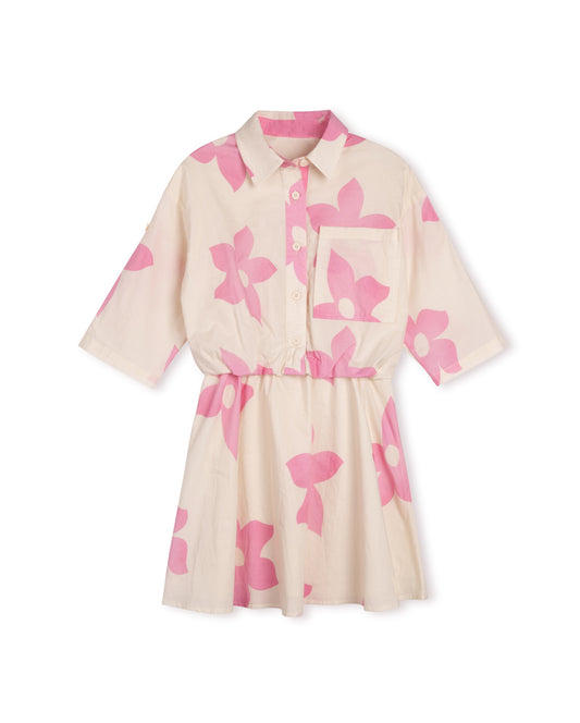 HELLO YELLOW CREAM/PINK POPLIN FLOWER PRINT SHIRT DRESS