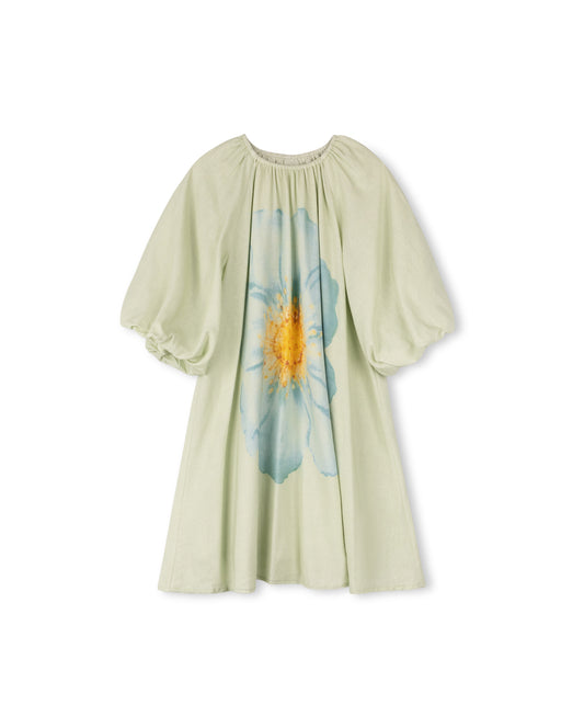 LILOU MINT WATER COLOR FLOWER PUFF SLEEVE DRESS