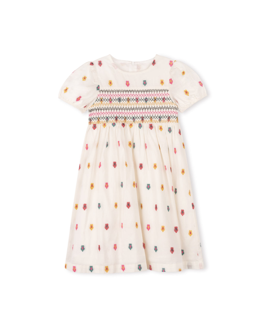 ONE CHILD CREAM/PINK FLORAL SMOCKED DRESS