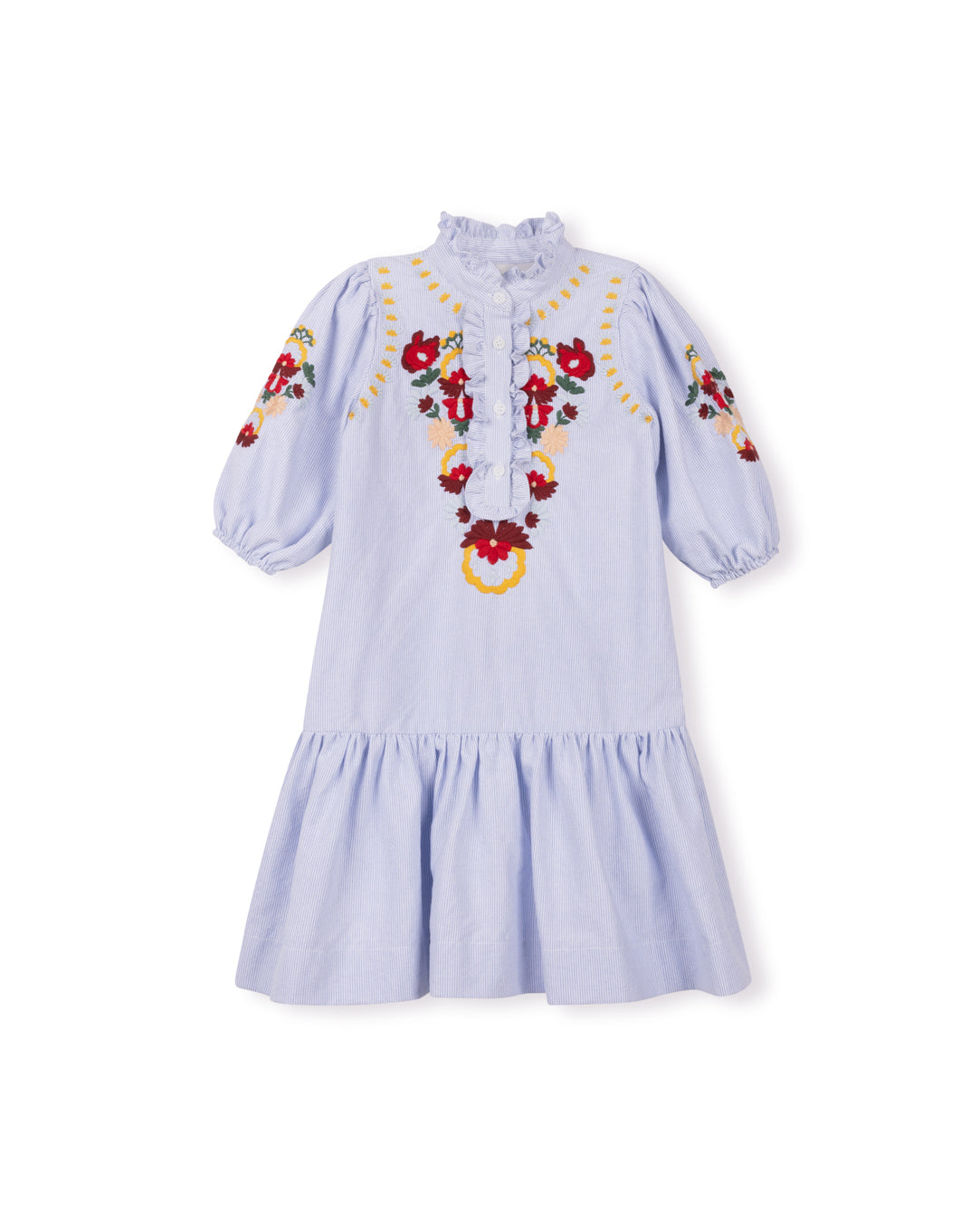 ONE CHILD BLUE PINSTRIPED EMBROIDERED FLOWER DRESS