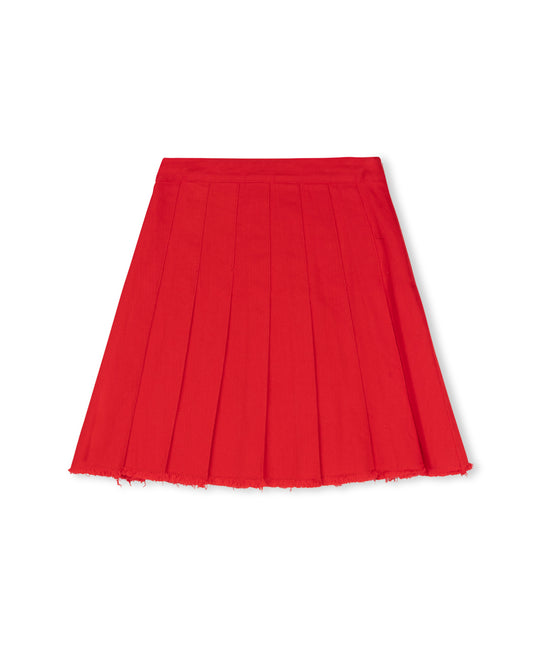 CABANA RED DENIM PLEAT FRAYED HEM SKIRT