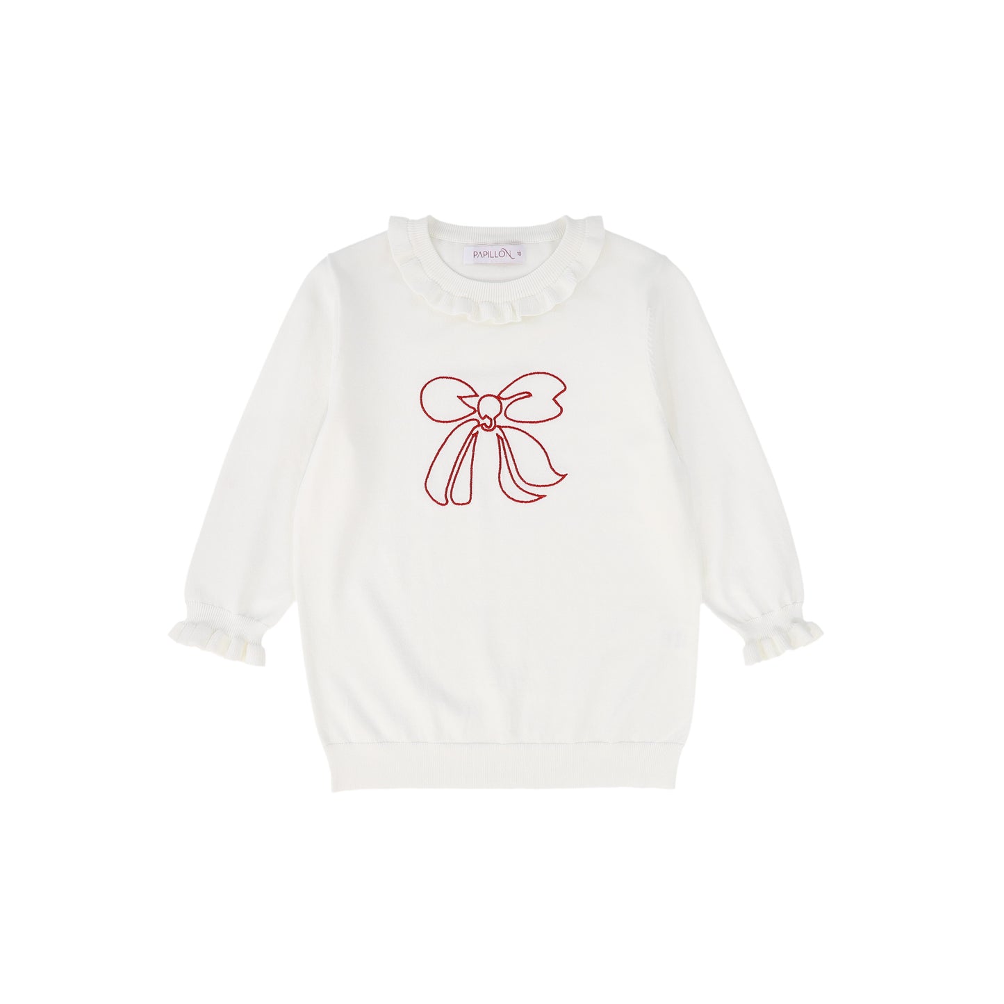 PAPILLON WHITE/RED BOW RUFFLE TRIM SWEATER