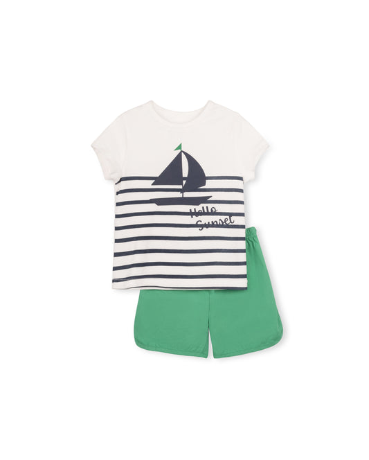 PHIL AND PHOEBE NAVY/GREEN SAILBOAT STRIPED T-SHIRT SET