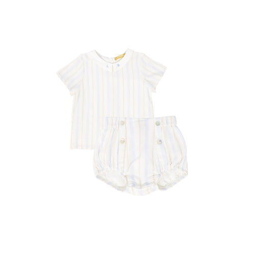 LE BOURDON IVORY/BLUE STRIPE BLOOMER SET