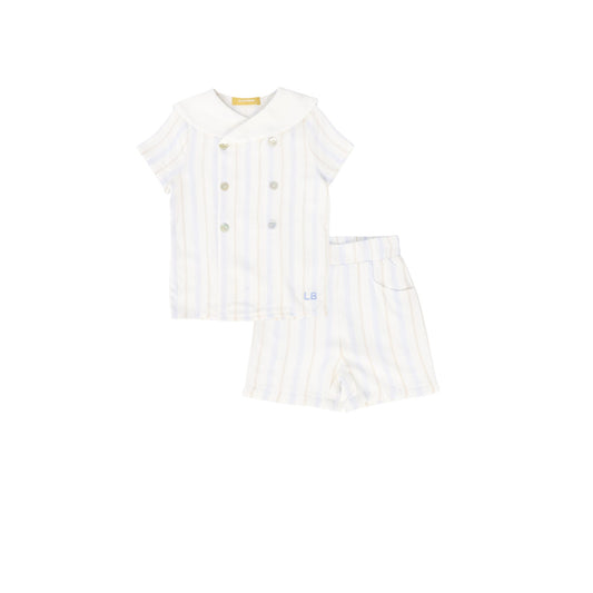 LE BOURDON IVORY/BLUE STRIPE DOUBLE BREASTED SHORT SET