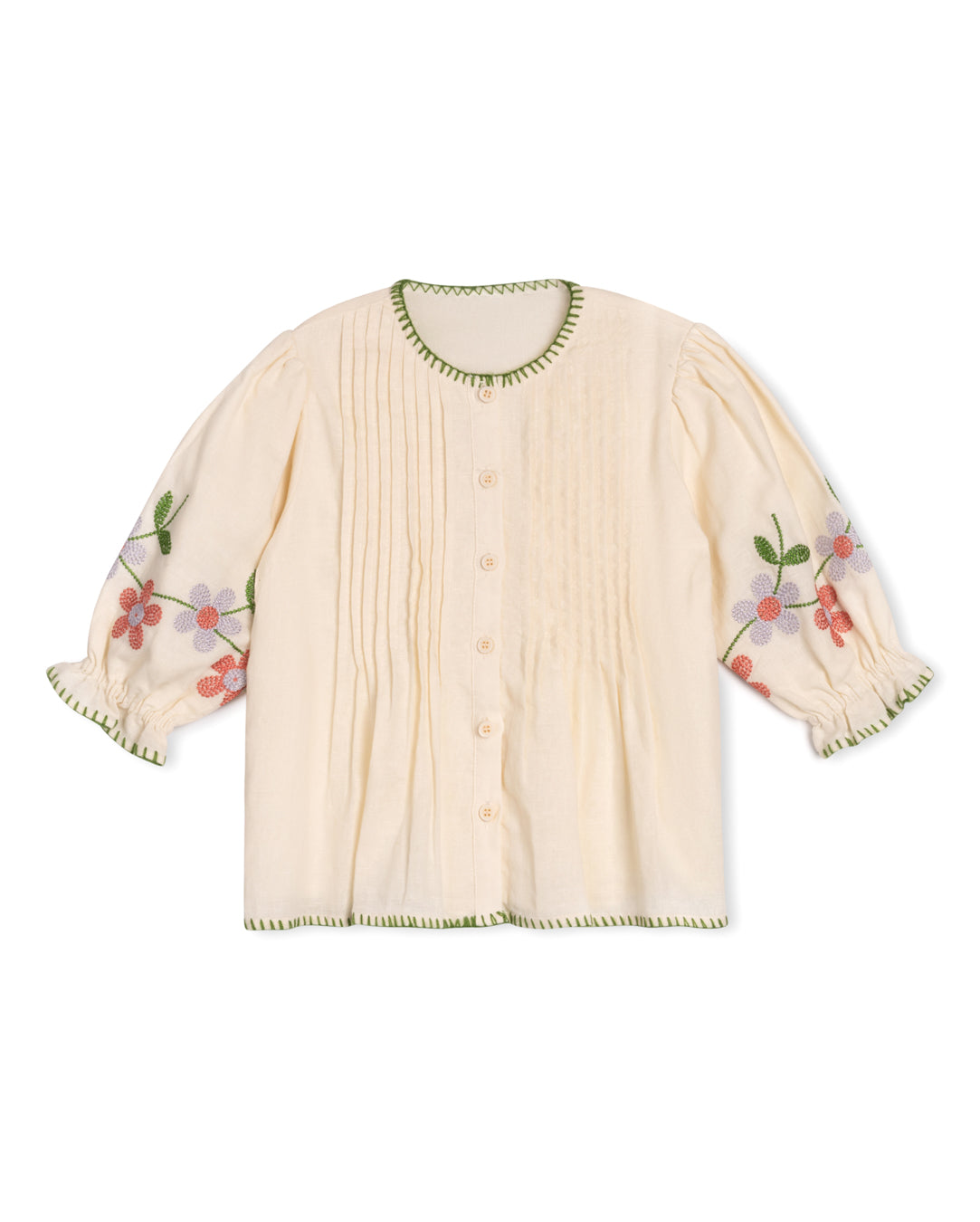 ONE CHILD BEIGE/GREEN TRIM BLOUSE