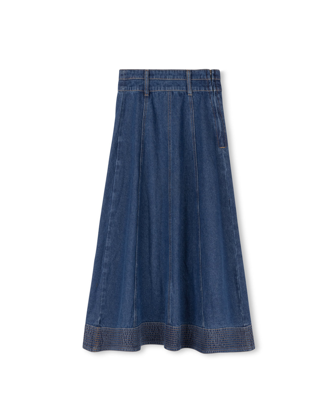 CABANA MID BLUE DENIM PANELED STITCH MAXI SKIRT