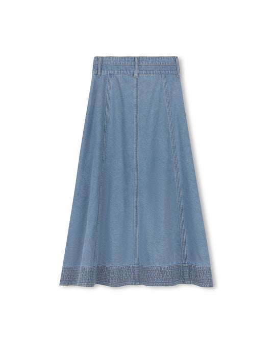 CABANA BLUE DENIM PANELED STITCH MAXI SKIRT