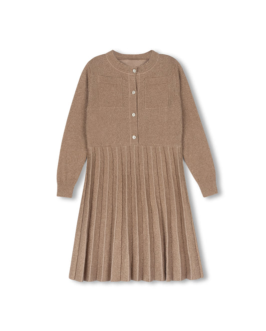 ONE CHILD CAMEL METALLIC PLEATED KNIT DRESS