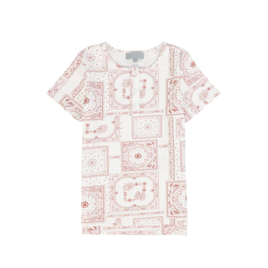 BACE COLLECTION PINK PAISELY HANDKERCHIEF PRINT SS HENLEY TEE