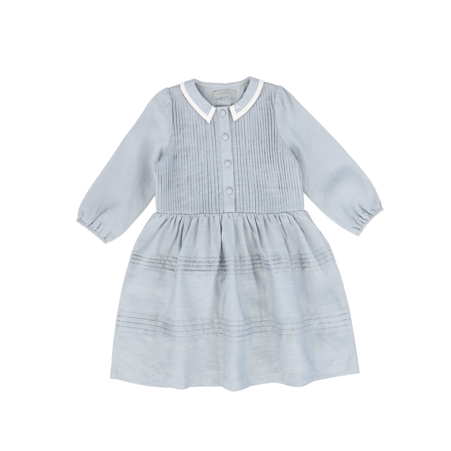 BACE COLLECTION LIGHT BLUE LINEN TRIM PLEATED DRESS