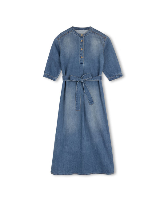 VIBE BLUE DENIM MIDI BELTED DRESS