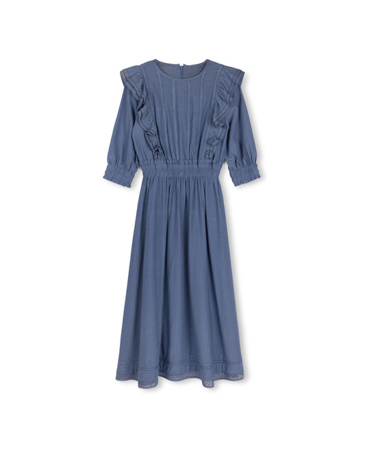 MINIMAL BLUE LACE TRIM SIDE RUFFLED MIDI DRESS