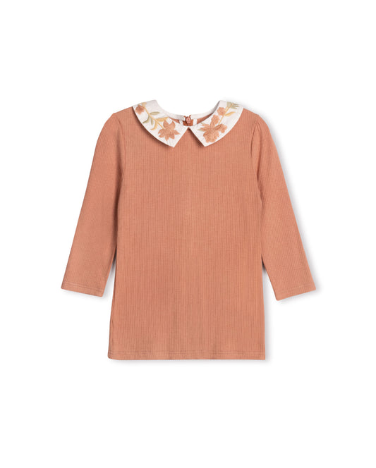 LILOU PINK FLORAL COLLAR RIBBED T-SHIRT