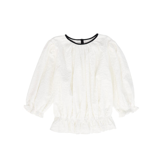 BAMBOO WHITE TEXTURED TRIM PEPLUM BLOUSE