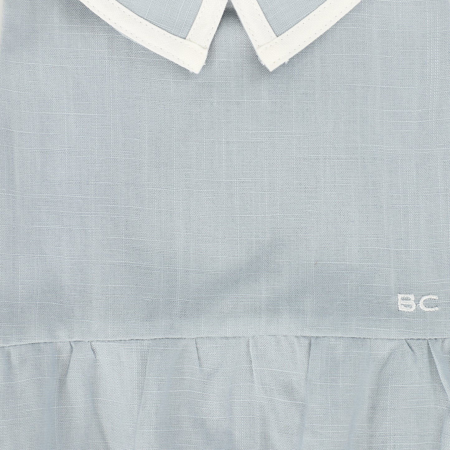 BACE COLLECTION LIGHT BLUE LINEN TRIM COLLARED ROMPER