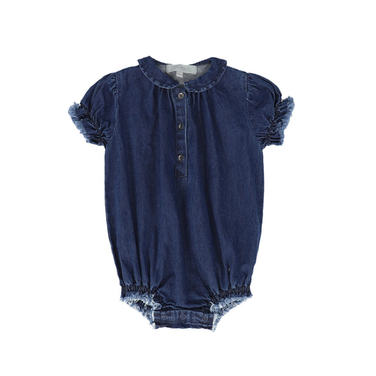 BACE COLLECTION MID BLUE DENIM FRINGE ROMPER