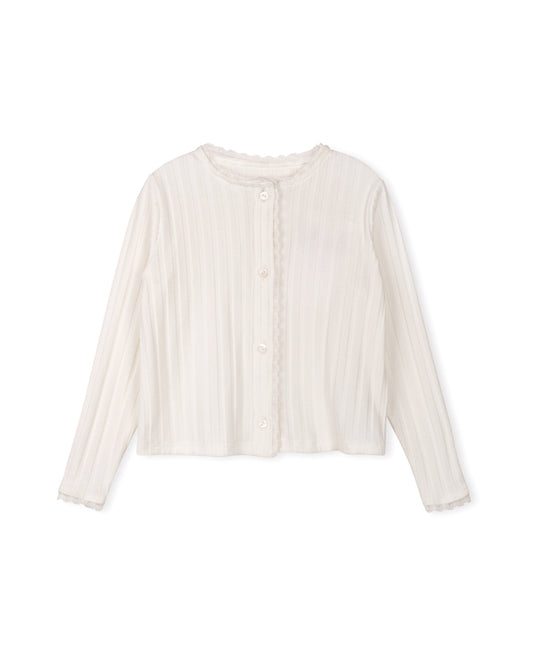 LILOU WHITE POINTELLE LACE TRIM CARDIGAN