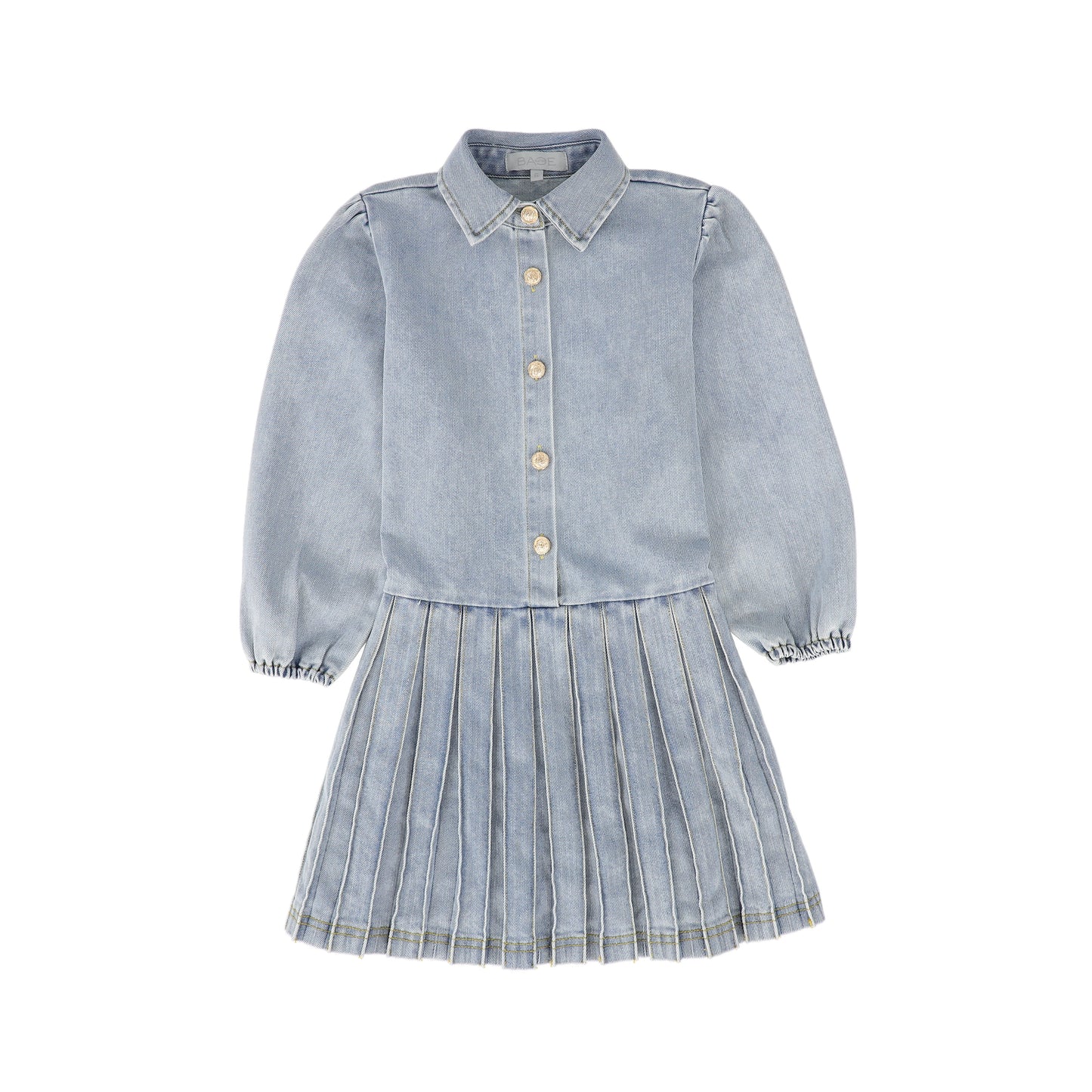 BACE COLLECTION DENIM WASH BUTTON PLEATED DRESS
