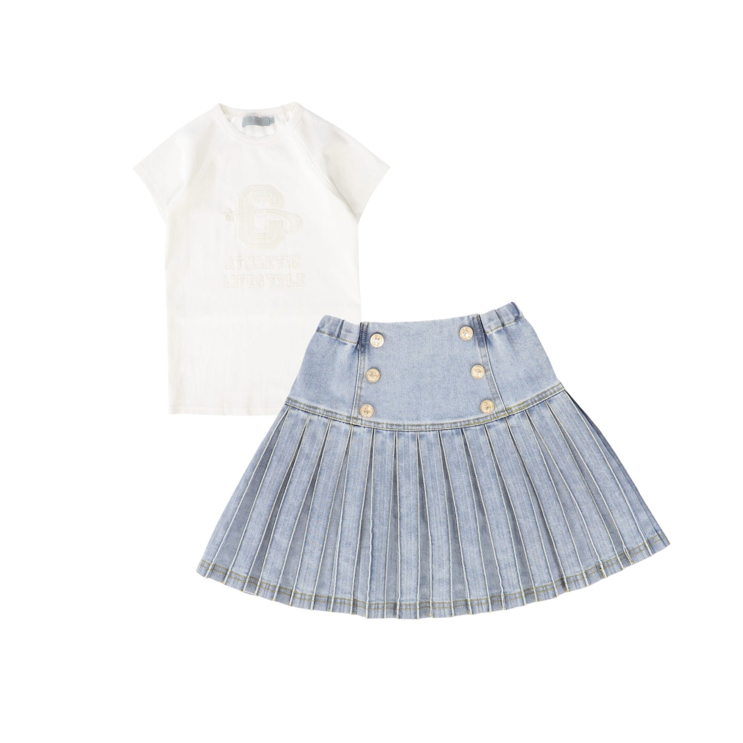 BACE COLLECTION WHITE/DENIM WASH SS PLEATED SKIRT SET