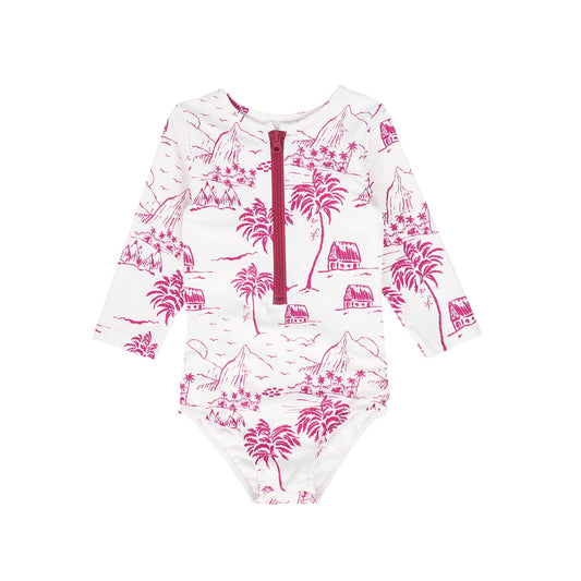 WATER CLUB FUCHSIA PINK TOILE PRINT HALF ZIP SWIMSUIT