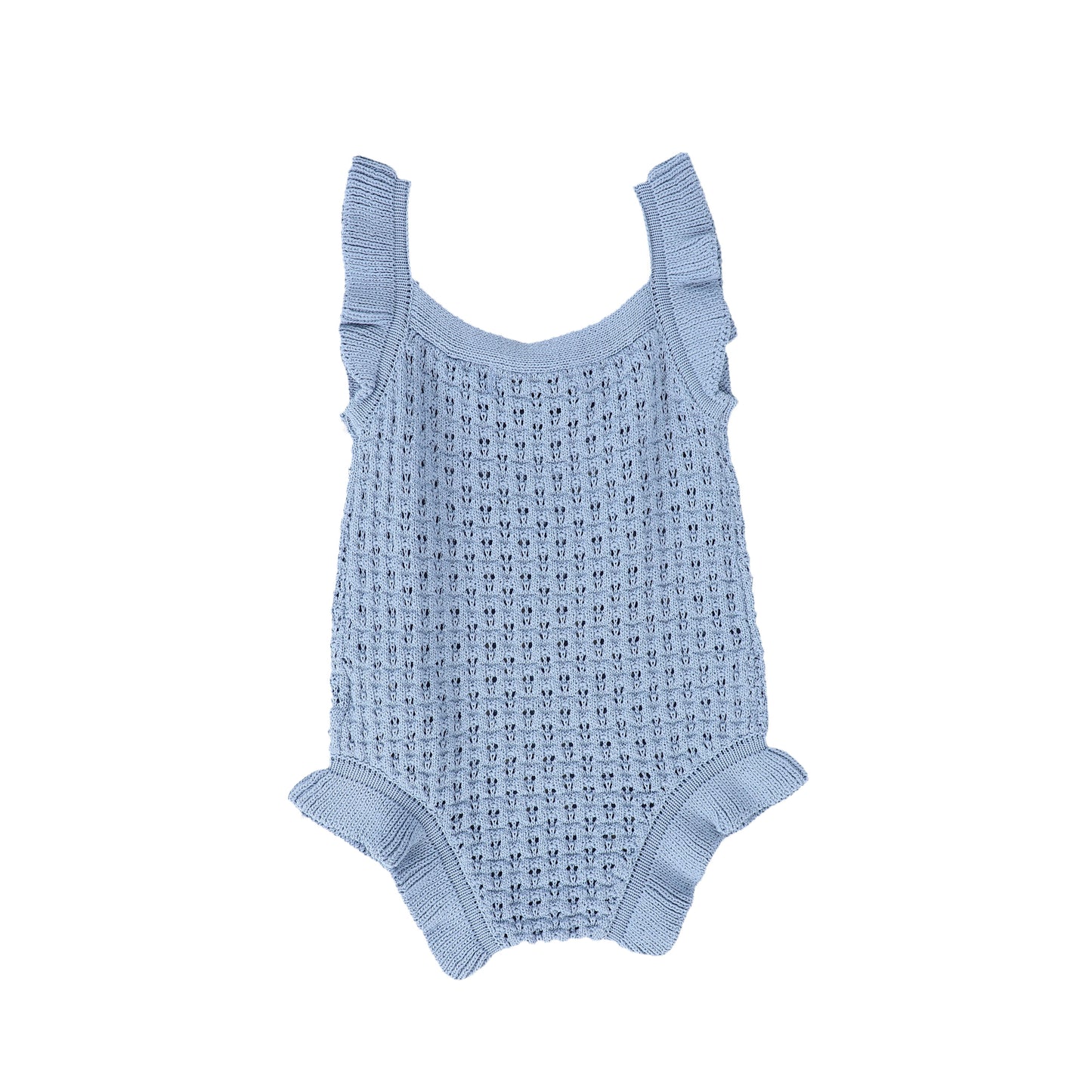 BACE COLLECTION BLUE POINTELLE KNIT RUFFLE ROMPER