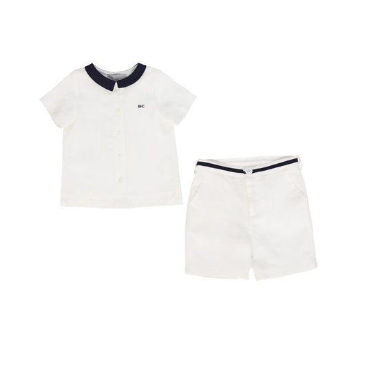 BACE COLLECTION WHITE LINEN TRIM SHIRT SET